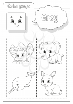 Coloring book. Learning colors. Color pictures. Flashcard for kids. Cartoon characters. Picture set for preschoolers. Education worksheet. Vector illustration.