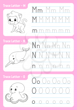 Writing letters. Tracing page. Worksheet for kids. Practice sheet. Learn alphabet. Cute characters. Vector illustration. Cartoon style.