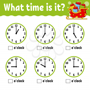 Learning time on the clock. Winter theme. Educational activity worksheet for kids and toddlers. Game for children. Simple flat isolated color vector illustration in cute cartoon style.