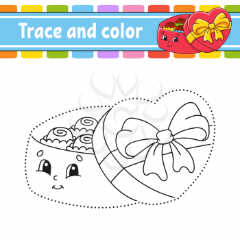 Trace and color. Coloring page for kids. Handwriting practice. Education developing worksheet. Activity page. Game for toddlers. Isolated vector illustration. Cartoon style.