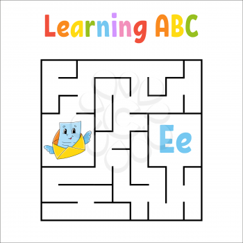 Square maze. Game for kids. Quadrate labyrinth. Education worksheet. Activity page. Learning English alphabet. Cartoon style. Find the right way. Color vector illustration.