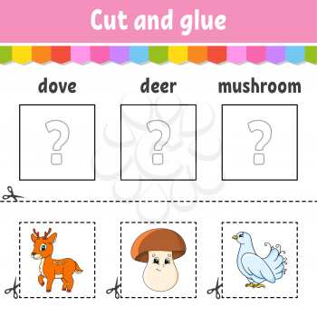 Cut and glue. Game for kids. Learn English words. Education developing worksheet. Color activity page. Cartoon character.