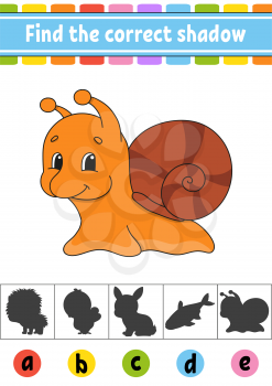 Find the correct shadow. Education developing worksheet. Activity page. Color game for children. Isolated vector illustration. Cartoon character.