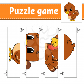 Puzzle game for kids. Cutting practice. Education developing worksheet. Activity page. Cartoon character.