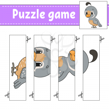 Puzzle game for kids. Cutting practice. Education developing worksheet. Activity page. Cartoon character.