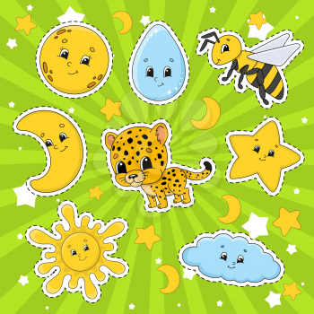 Set of stickers with cute cartoon characters. Cute clipart. Hand drawn. Colorful pack. Vector illustration. Patch badges collection. Label design elements. For daily planner, diary, organizer.