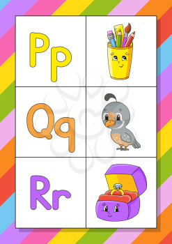 English alphabet with cartoon characters. Flash cards. Vector set. Bright color style. Learn ABC. Lowercase and uppercase letters.