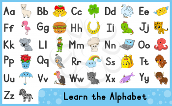 English alphabet with cartoon characters. Vector set. Bright color style. Learn ABC. Lowercase and uppercase letters.