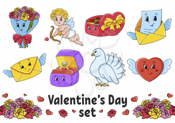 Set of cute cartoon characters. Valentine's Day clipart. Hand drawn. Colorful pack. Vector illustration. Patch badges collection. Label design elements. For daily planner, diary, organizer.