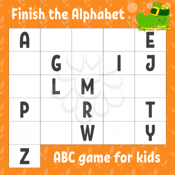 Finish the alphabet. ABC game for kids. Education developing worksheet. Learning game for kids. Color activity page.