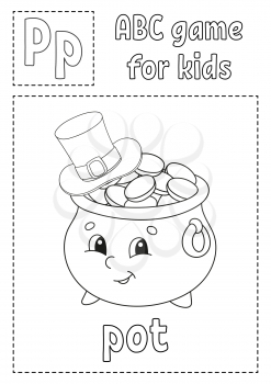 ABC game for kids. Alphabet coloring page. Cartoon character. Word and letter. St. Patrick's day. Vector illustration.