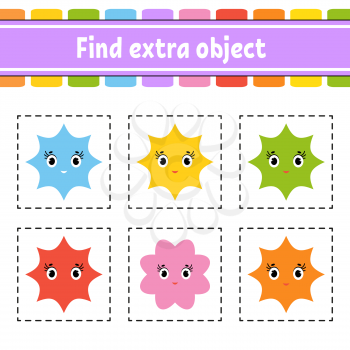 Find extra object. Educational activity worksheet for kids and toddlers. Game for children. Happy characters. Simple flat color isolated vector illustration in cute cartoon style.