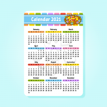 Calendar for 2020 with a cute character. Easter nest. Fun and bright design. Isolated color vector illustration. Pocket size. Cartoon style.