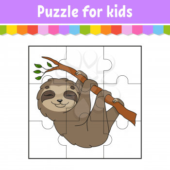 Puzzle game for kids. Brown sloth. Education worksheet. Color activity page. Riddle for preschool. Isolated vector illustration. Cartoon style.