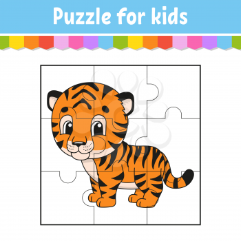 Puzzle game for kids. Orange tiger. Education worksheet. Color activity page. Riddle for preschool. Isolated vector illustration. Cartoon style.