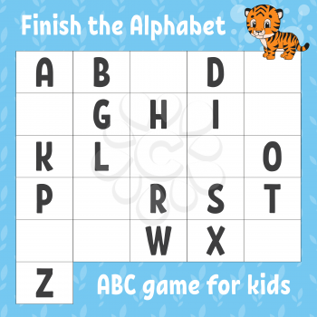 Finish the alphabet. ABC game for kids. Education developing worksheet. Orange tiger. Learning game for kids. Color activity page.