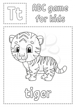 Letter T is for tiger. ABC game for kids. Alphabet coloring page. Cartoon character. Word and letter. Vector illustration.