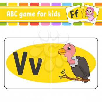 ABC flash cards. Bird vulture. Alphabet for kids. Learning letters. Education worksheet. Activity page for study English. Color game for children. Isolated vector illustration. Cartoon style.
