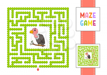 Funny square maze. Game for kids. Gray vulture. Puzzle for children. Labyrinth conundrum with character. Color vector illustration. Find the right path. With answer.