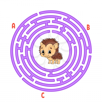 Circle maze. Game for kids. Puzzle for children. Round labyrinth conundrum. Hedgehog animal. Color vector illustration. Find the right path. Education worksheet.