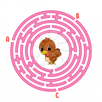 Circle maze. Game for kids. Turkey bird. Puzzle for children. Round labyrinth conundrum. Color vector illustration. Find the right path. Education worksheet.
