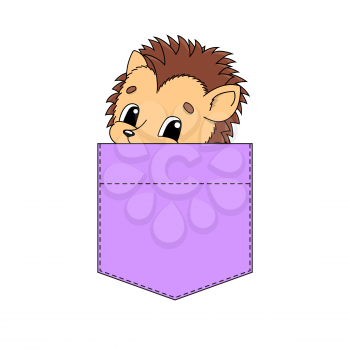 Cute character in shirt pocket. Colorful vector illustration. Cartoon style. Hedgehog animal. Isolated on white background. Design element. Template for your shirts, stickers.