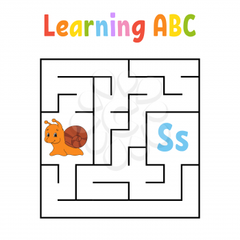 Square maze. Game for kids. Quadrate labyrinth. Education worksheet. Snail mollusk. Activity page. Learning English alphabet. Cartoon style. Find the right way. Color vector illustration.