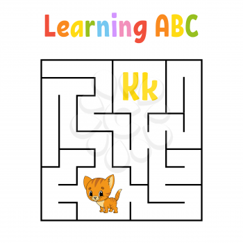 Square maze. Game for kids. Cat animal. Quadrate labyrinth. Education worksheet. Activity page. Learning English alphabet. Cartoon style. Find the right way. Color vector illustration.