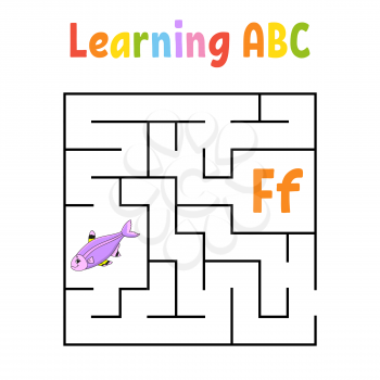 Square maze. Game for kids. Fish. Quadrate labyrinth. Education worksheet. Activity page. Learning English alphabet. Cartoon style. Find the right way. Color vector illustration.