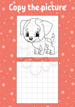 Copy the picture. Dog animal. Coloring book pages for kids. Education developing worksheet. Game for children. Handwriting practice. Funny character. Cartoon vector illustration.