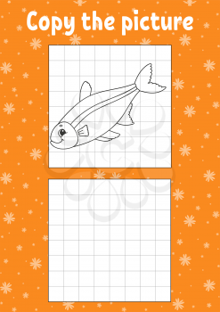 Copy the picture. Fish. Coloring book pages for kids. Education developing worksheet. Game for children. Handwriting practice. Funny character. Cartoon vector illustration.