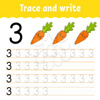 Number 3. Trace and write. Handwriting practice. Learning numbers for kids. Education developing worksheet. Color activity page. Isolated vector illustration in cute cartoon style.