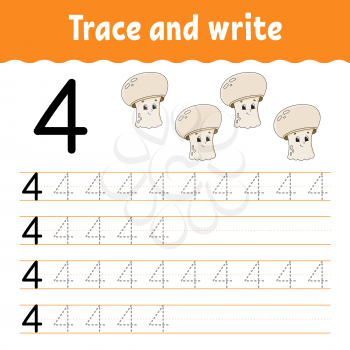 Number 4. Trace and write. Handwriting practice. Learning numbers for kids. Education developing worksheet. Color activity page. Isolated vector illustration in cute cartoon style.