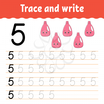 Number 5. Trace and write. Handwriting practice. Learning numbers for kids. Education developing worksheet. Color activity page. Isolated vector illustration in cute cartoon style.