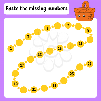 Paste the missing numbers. Handwriting practice. Learning numbers for kids. Wood basket. Education developing worksheet. Game for children. Isolated vector illustration in cartoon style.