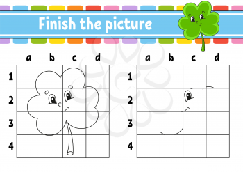 Finish the picture. Clover shamrock. Coloring book pages for kids. Education developing worksheet. Game for children. Handwriting practice. Cartoon character. Vector illustration.