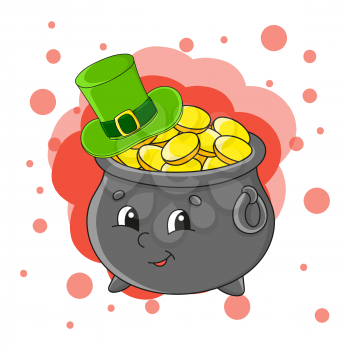 Pot of gold in hat. Colorful vector illustration. Isolated on color abstract background. Design element. Cartoon character. St. Patrick's day.