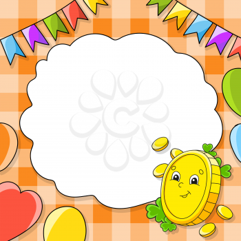 Festive color vector illustration with empty place for text. Cartoon character, balloons, garlands. Gold coin. For the design of greeting cards, birthdays, stickers. St. Patrick's day.
