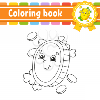 Coloring book for kids. Gold coin. Cheerful character. Vector illustration. Cute cartoon style. Black contour silhouette. Isolated on white background. St. Patrick's day.