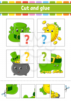 Cut and glue. Set flash cards. Hat, coin, pot, boot. Education worksheet. Activity page. St. Patrick's day. Game for children. Cartoon character. Isolated vector illustration.