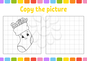 Copy the picture. Coloring book pages for kids. Education developing worksheet. Game for children. Handwriting practice. Funny character. Cute cartoon vector illustration.