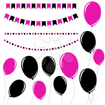 Set of flat black and pink isolated silhouettes of balloons on ropes and garlands of flags.