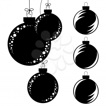 Set of flat isolated black and white silhouettes of Christmas toys balls on a white background. hanging on the rope with a bow