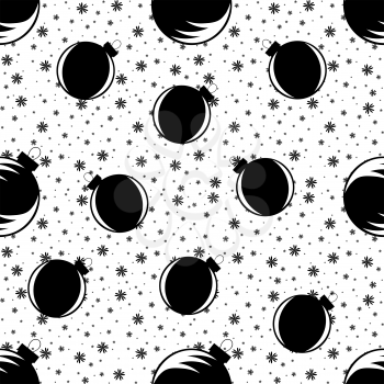 Black and white seamless pattern of silhouettes of Christmas tree balls. on the background of small abstract flowers