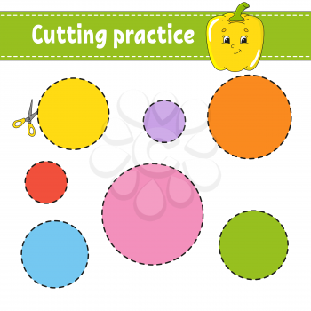 Cutting practice for kids. Education developing worksheet. Activity page with pictures. Game for children. Isolated vector illustration. Funny character. Cartoon style.