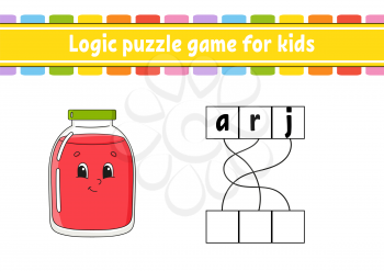 Logic puzzle game. Learning words for kids. Find the hidden name. Education developing worksheet. Activity page for study English. Game for children. Isolated vector illustration. Cartoon character.