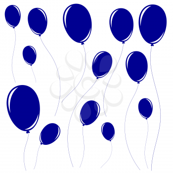 Set of silhouettes of balloons with ropes flying to the sky