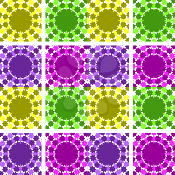 Set of abstract seamless patterns of yellow, green, pink, purple.