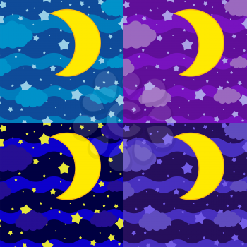A set of four pictures. The moon against the background of a dark sky of different shades with clouds and stars