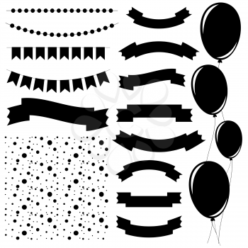Set of flat black isolated silhouettes of balloons on ropes and garlands of flags. A set of ribbons of banners of different shapes. Background in the form of confetti.